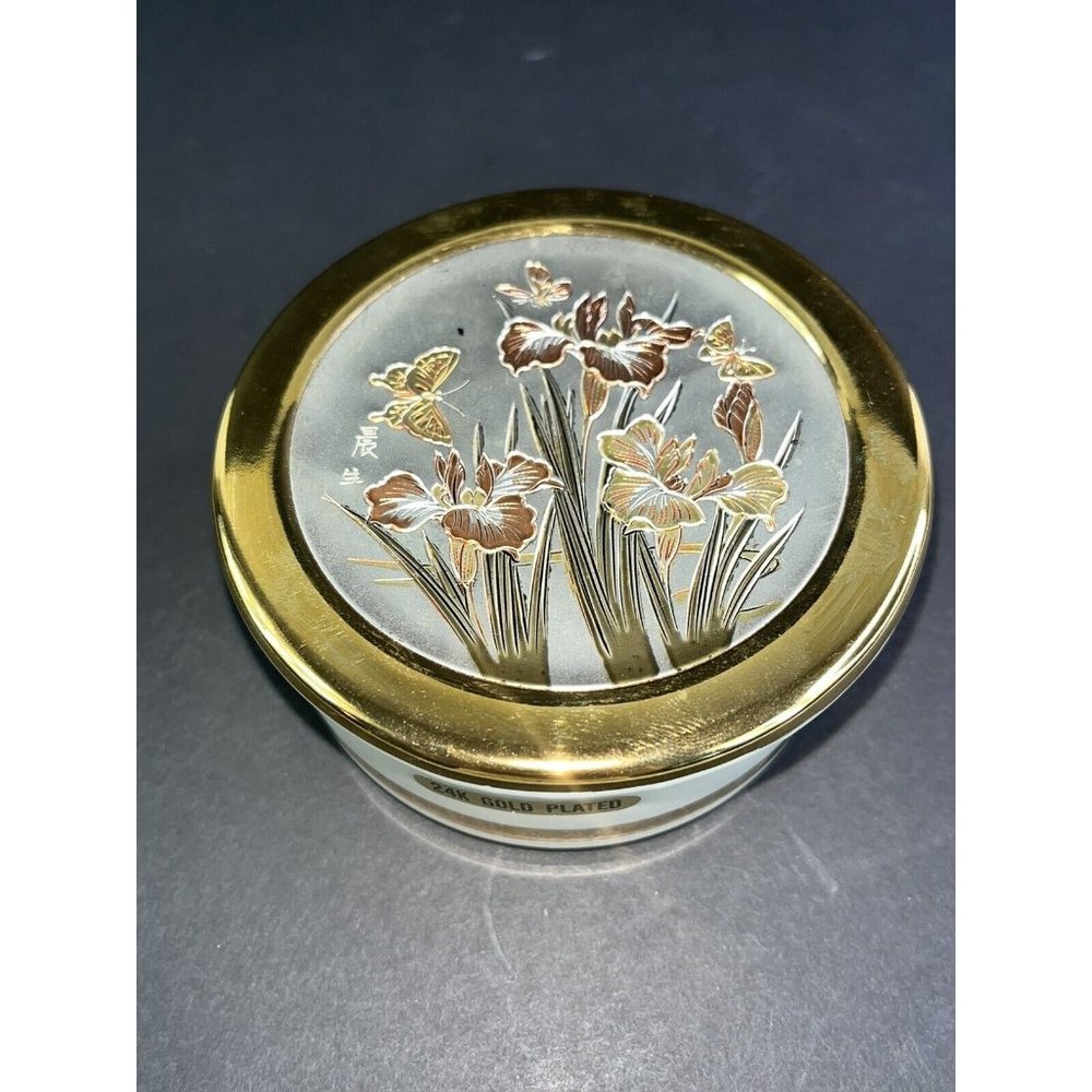 Vintage 24k Gold Trim Trinket Dish Lidded Himark Japan Chokin Butterflies Flower